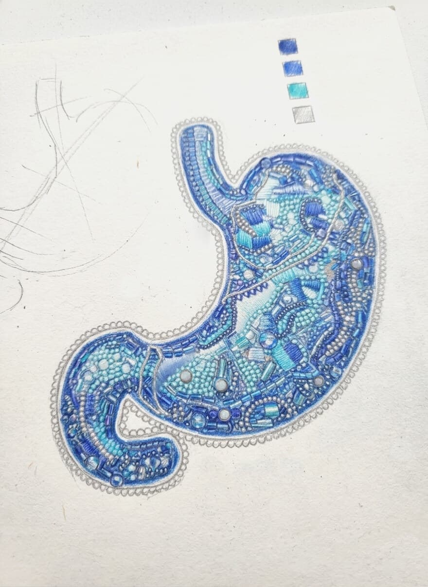 The piece next to the preliminary drawing and colour tests