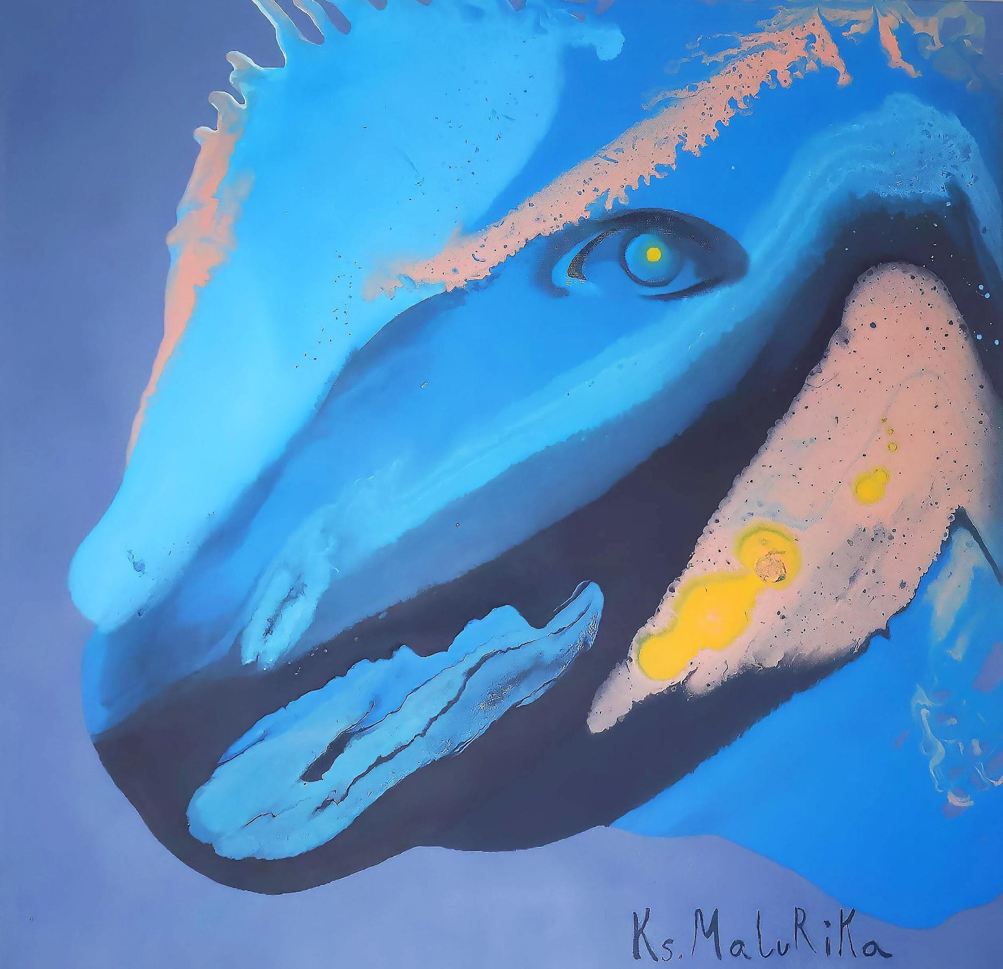 Cabeza azul de un animal con un ojo
