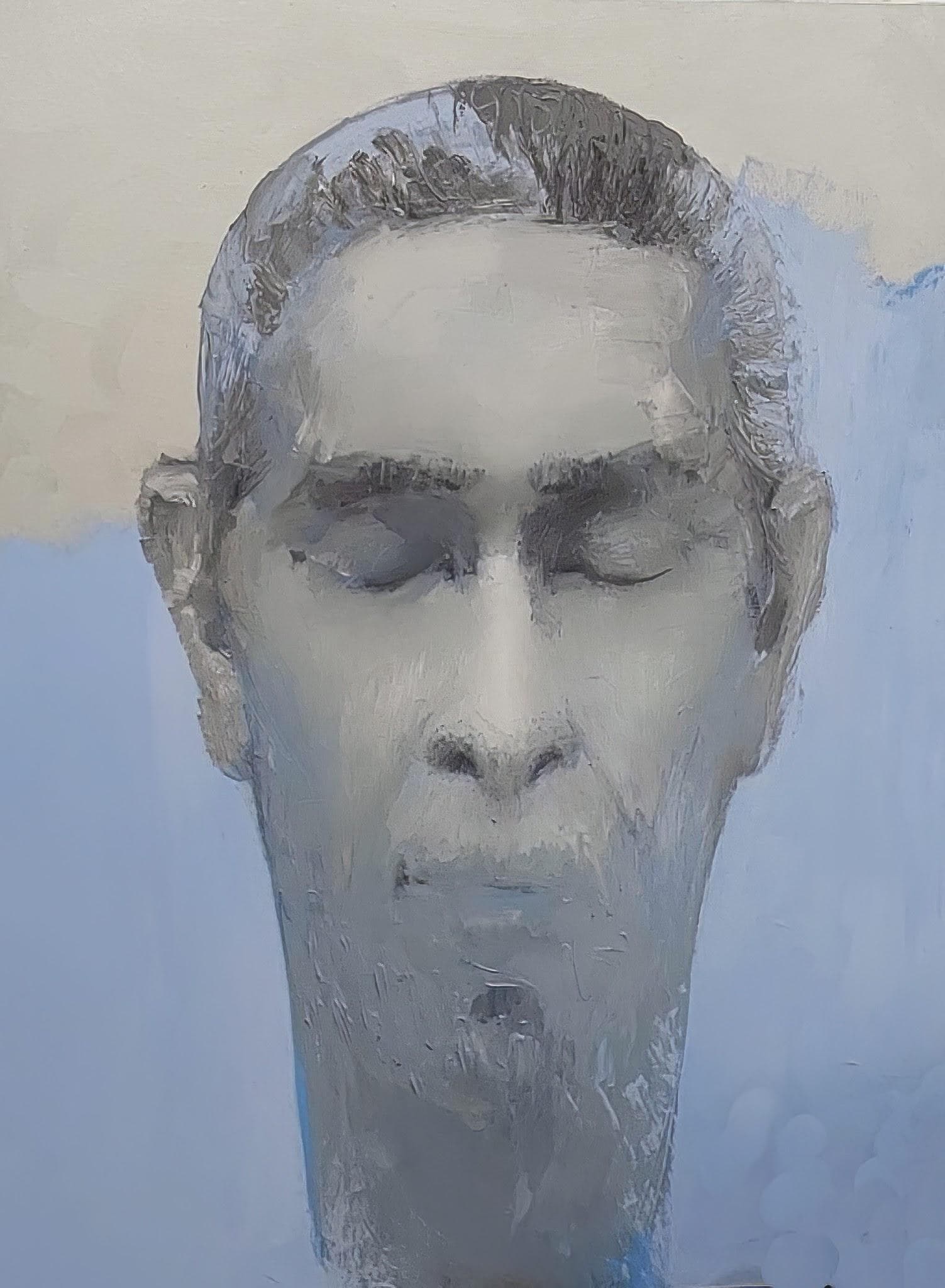 Cabeza de hombre en gris con los ojos cerrados sobre azul