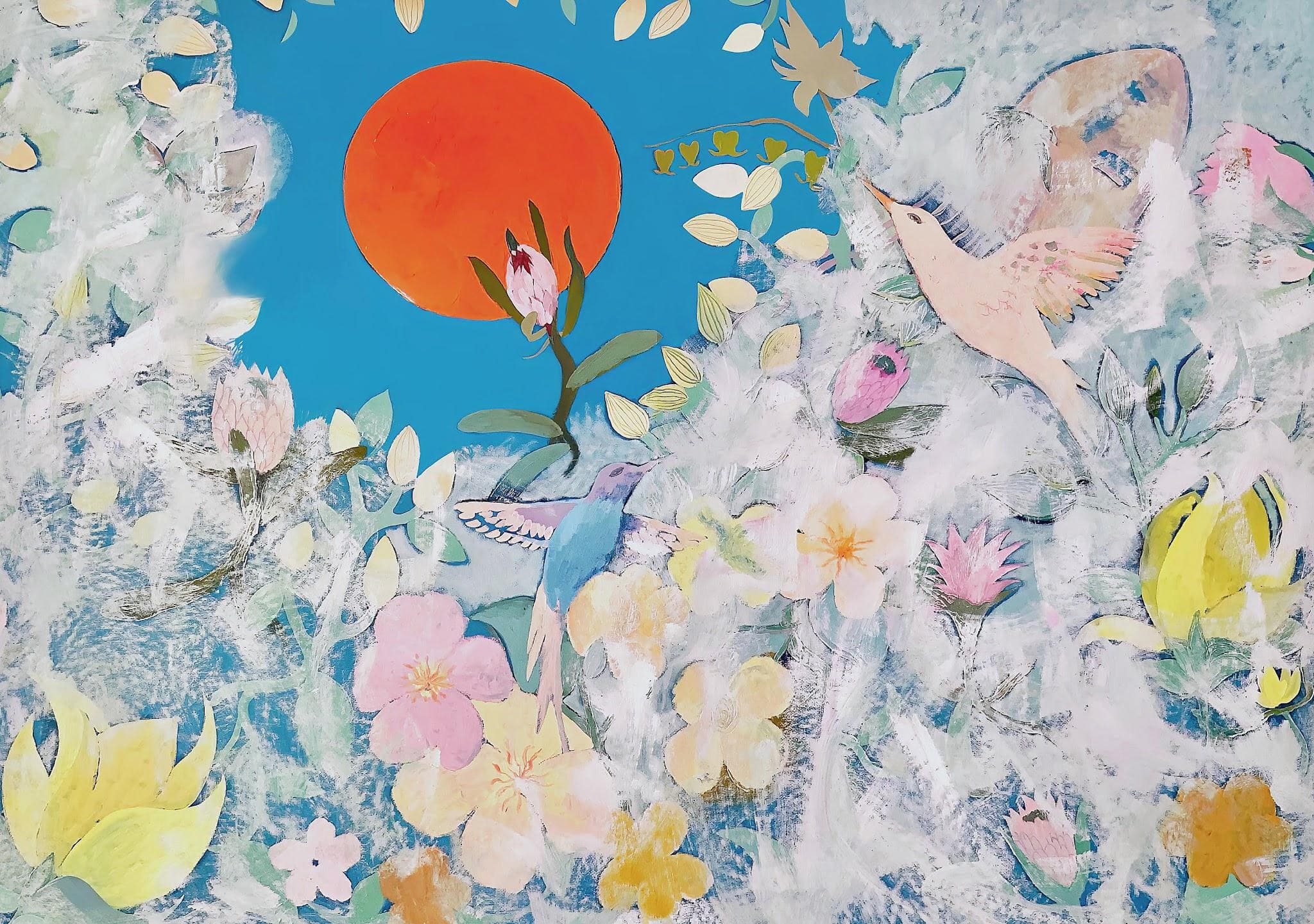 Sol rojo, flores y un pájaro sobre fondo azul y blanco