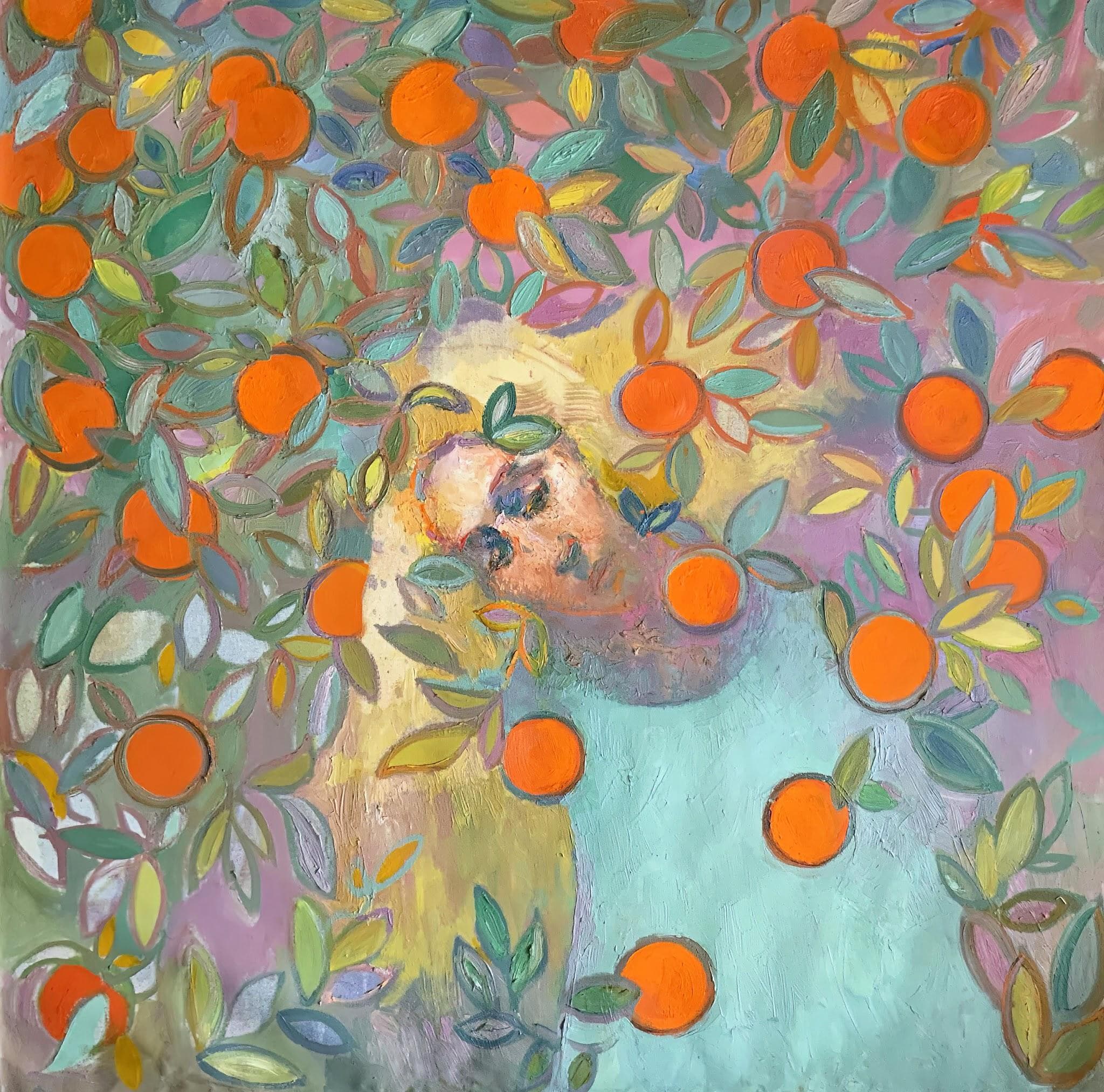 Un rostro entre naranjas y hojas