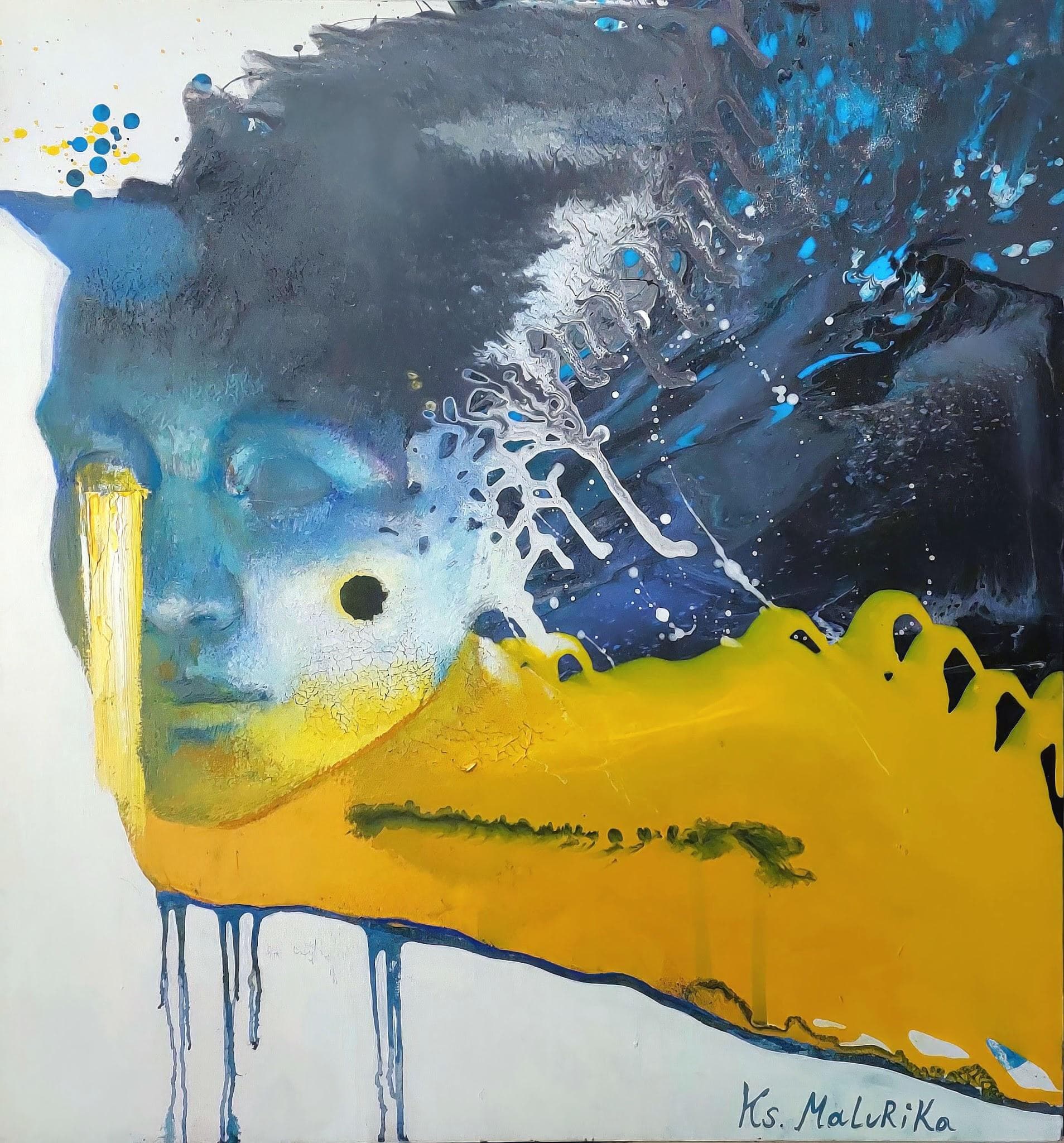 Un rostro en azul sobre una corriente amarilla que gotea