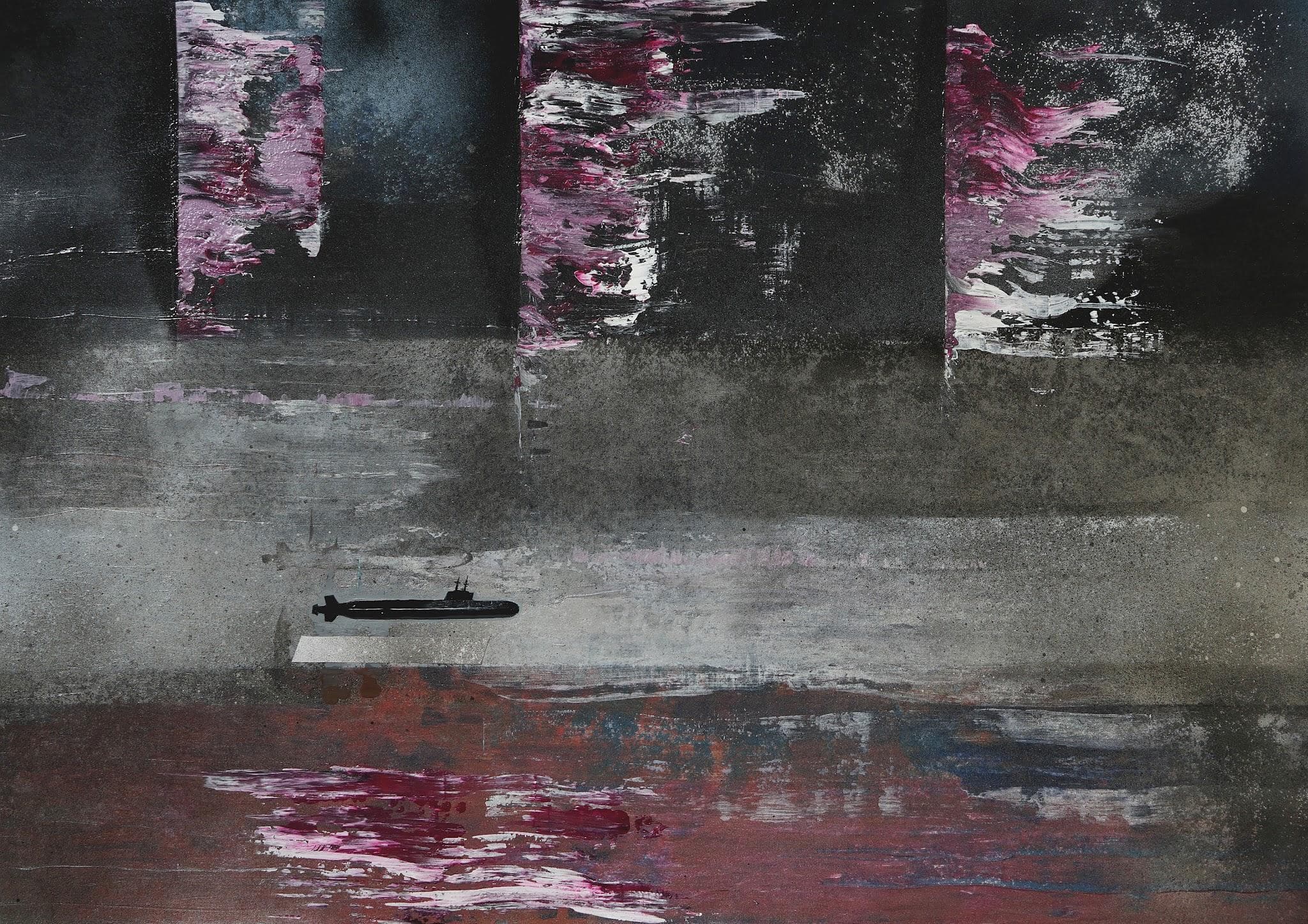 A grey and black field with magenta patches above and a red band below; a small elongated dark shape in the middle