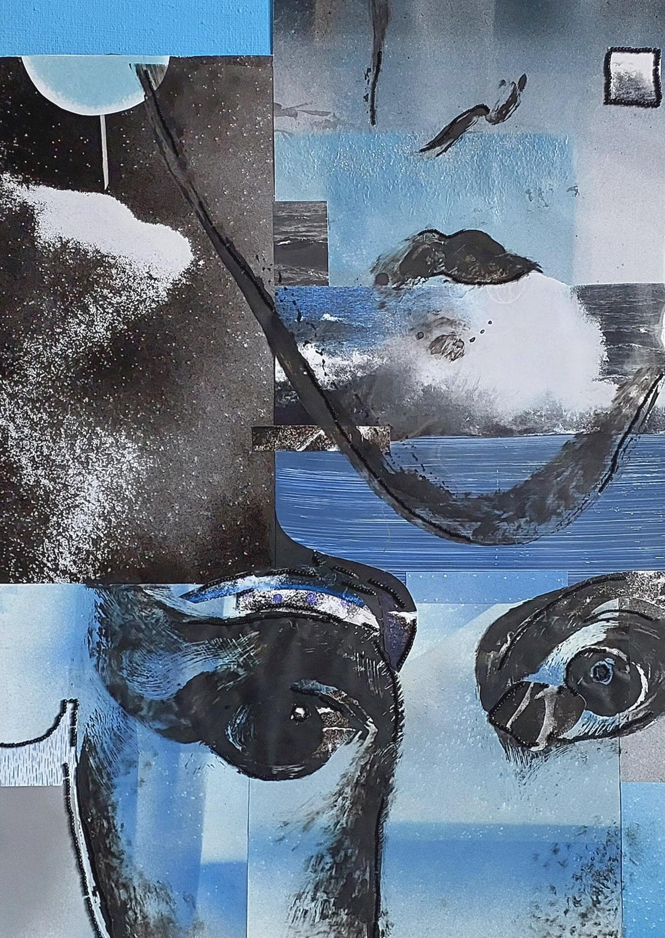 A face split across blue and grey rectangles: two eyes below, a pale moon above